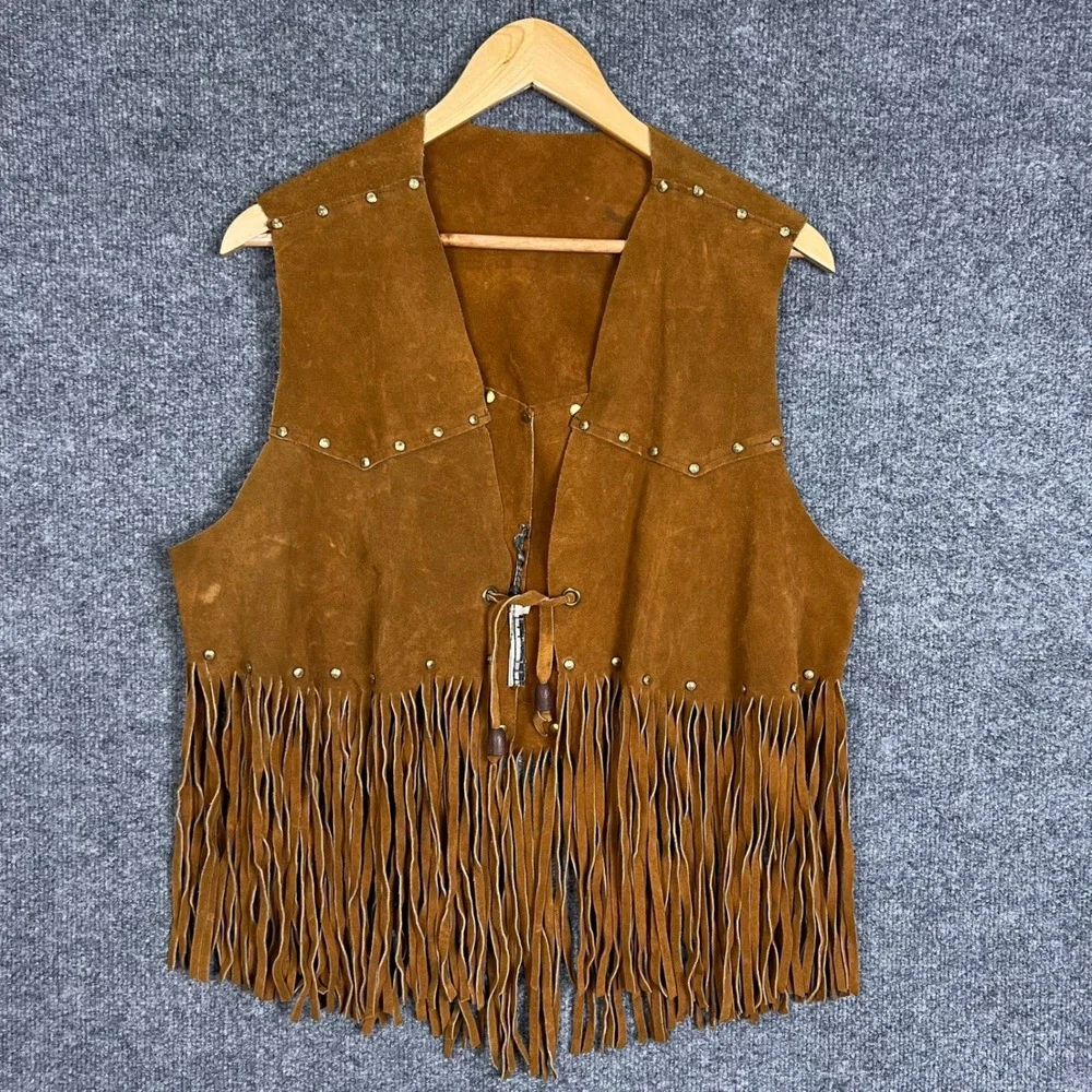 Vintage Suede Fringe Vest Womens Large Brown Good Western Boho Studded Tie Front